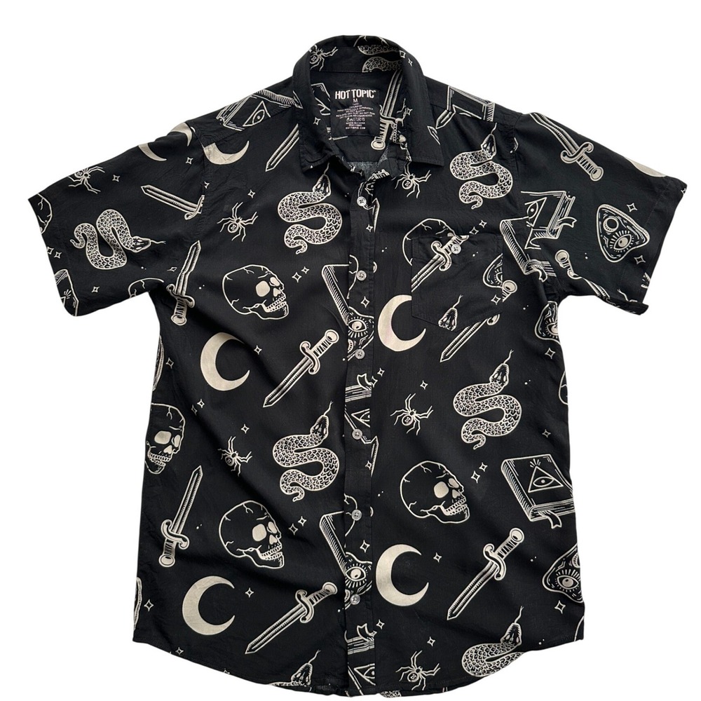 Hot Topic Occult Print Button Down Shirt Medium Black Snake Skull Dagger Shirt